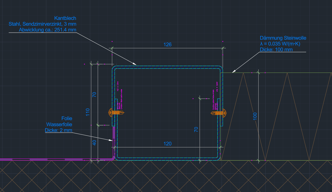 Automatische PeritusBox-Bauteilbeschriftungen und Bemassungen an einem Kantblechdetail